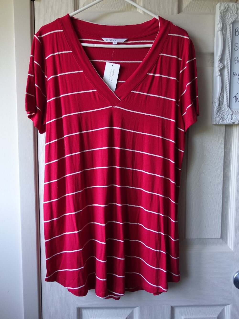 cleo Red and White Striped V-Neck Short Sleeve Tee